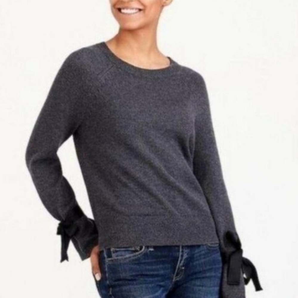 J. Crew Ribbon Tie Bell Sleeve Crewneck Sweater Gray Cotton Merino Blend Medium